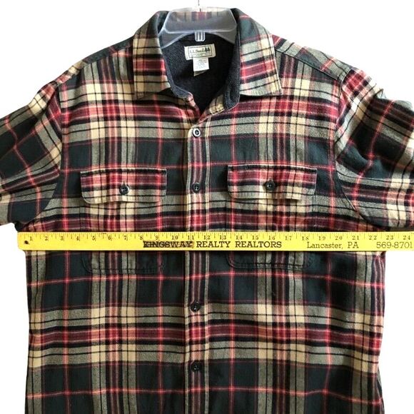LL Bean Flannel Shacket Mens M Olive Plaid Fleece Lined Button Up Shirt Jacket - Picture 8 of 12
